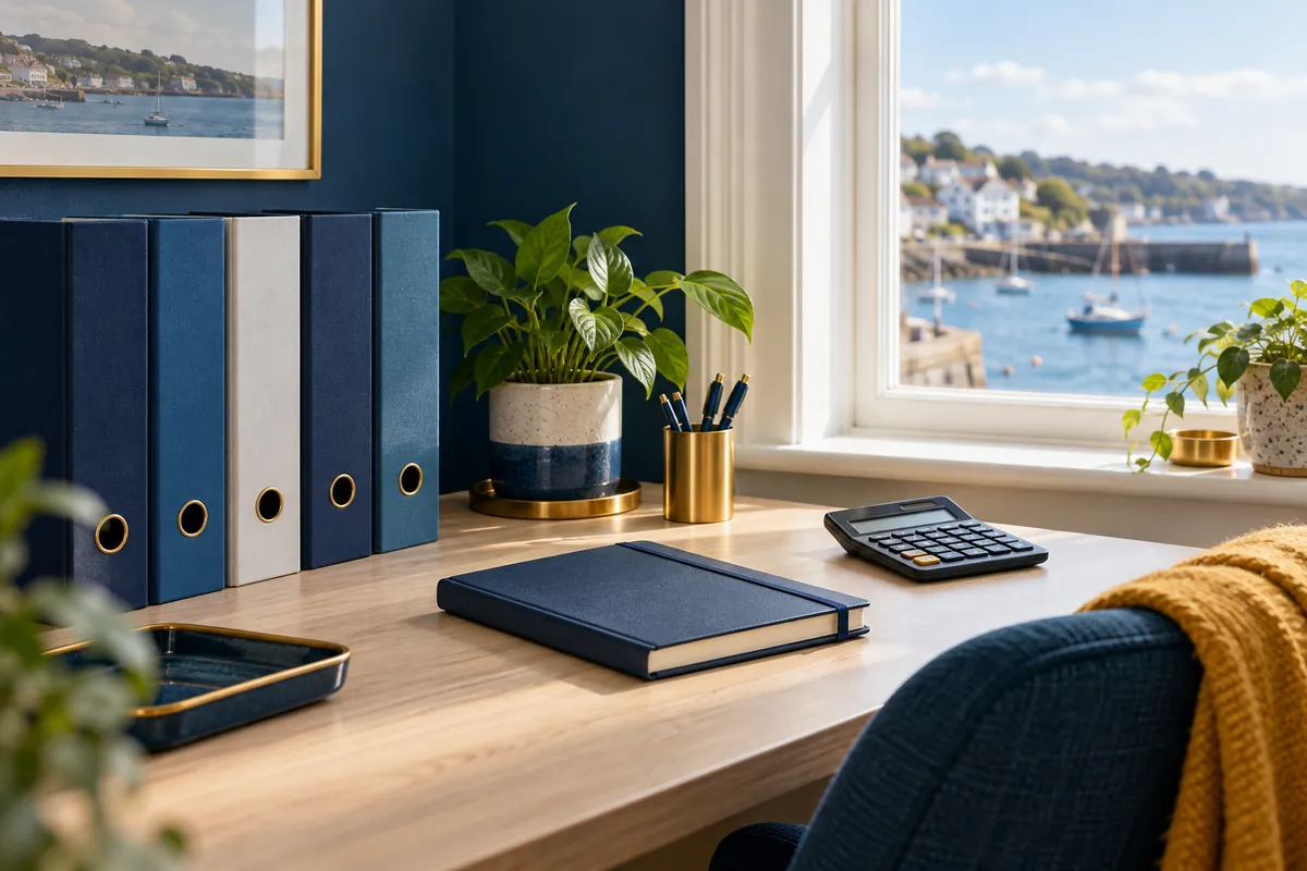 A tidy home office shelf with plain document folders, a closed notebook and a small plant (illustration)