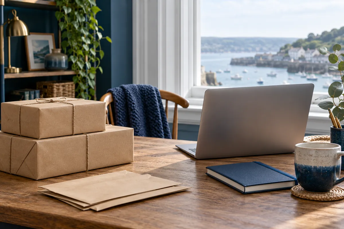 A small home workspace with wrapped parcels, envelopes, a closed laptop and a notebook (illustration)
