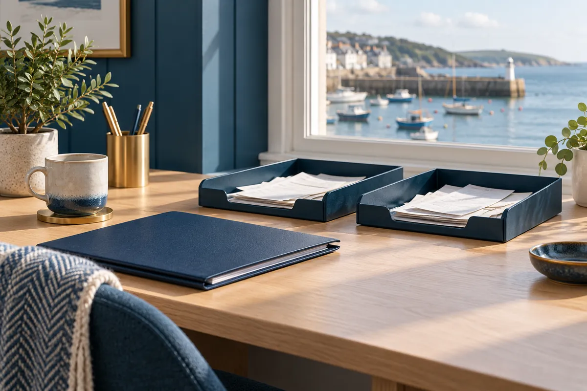 Two navy document trays holding paper slips beside a closed folder on a desk by a harbour window (illustration)