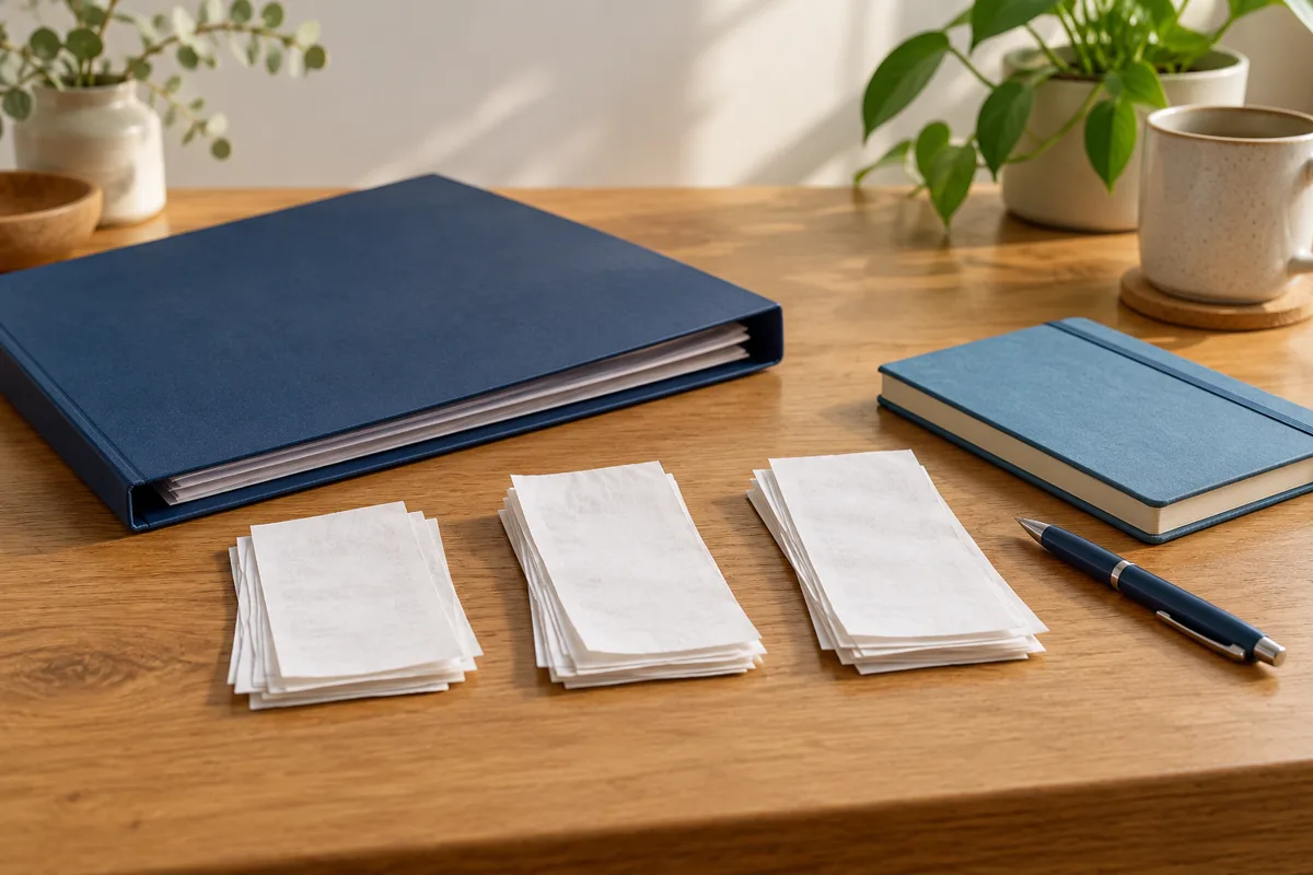 Receipt slips organised beside a navy folder, notebook and pen on a wooden desk