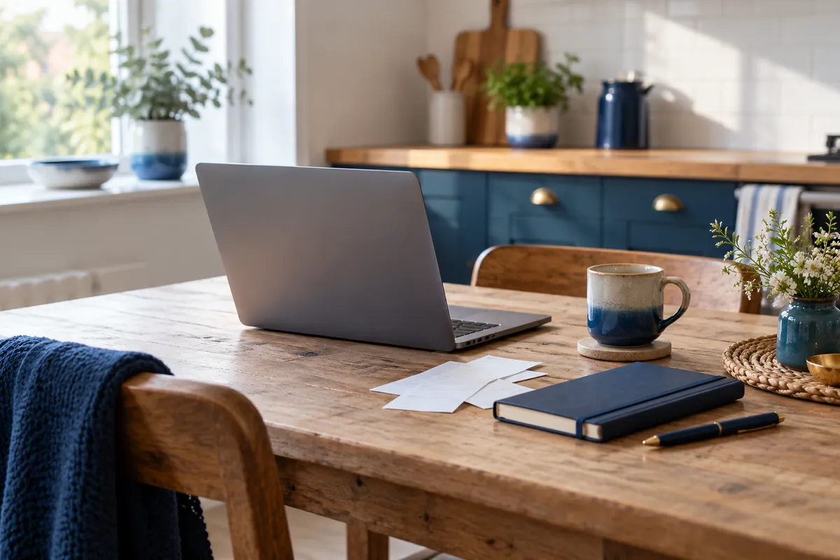A tidy kitchen-table workspace with a laptop angled away, face-down receipt slips and a closed notebook (illustration)